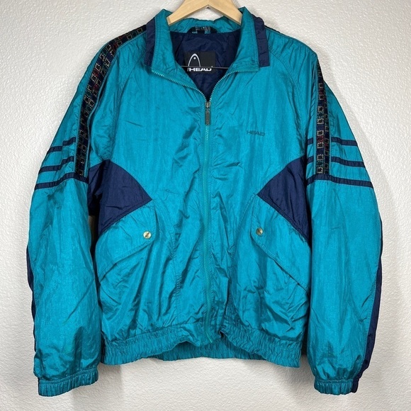 Vintage Head Jacket 90s Windbreaker Turquoise  Full Zip Pocket Men’s Size Medium - Picture 1 of 8